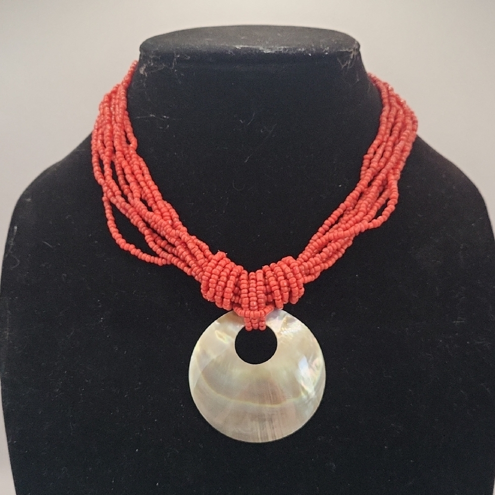 Elegant Coral Beaded Necklace with Shell Pendant
